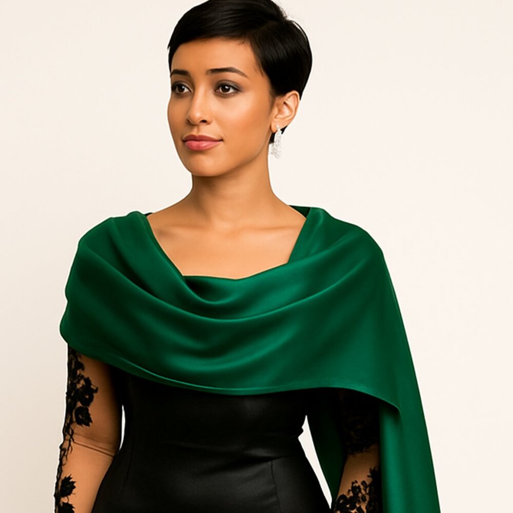 Green Satin Evening Shawl Wrap – Extra-Long 25.6 × 86.6 in Bridal Pashmina